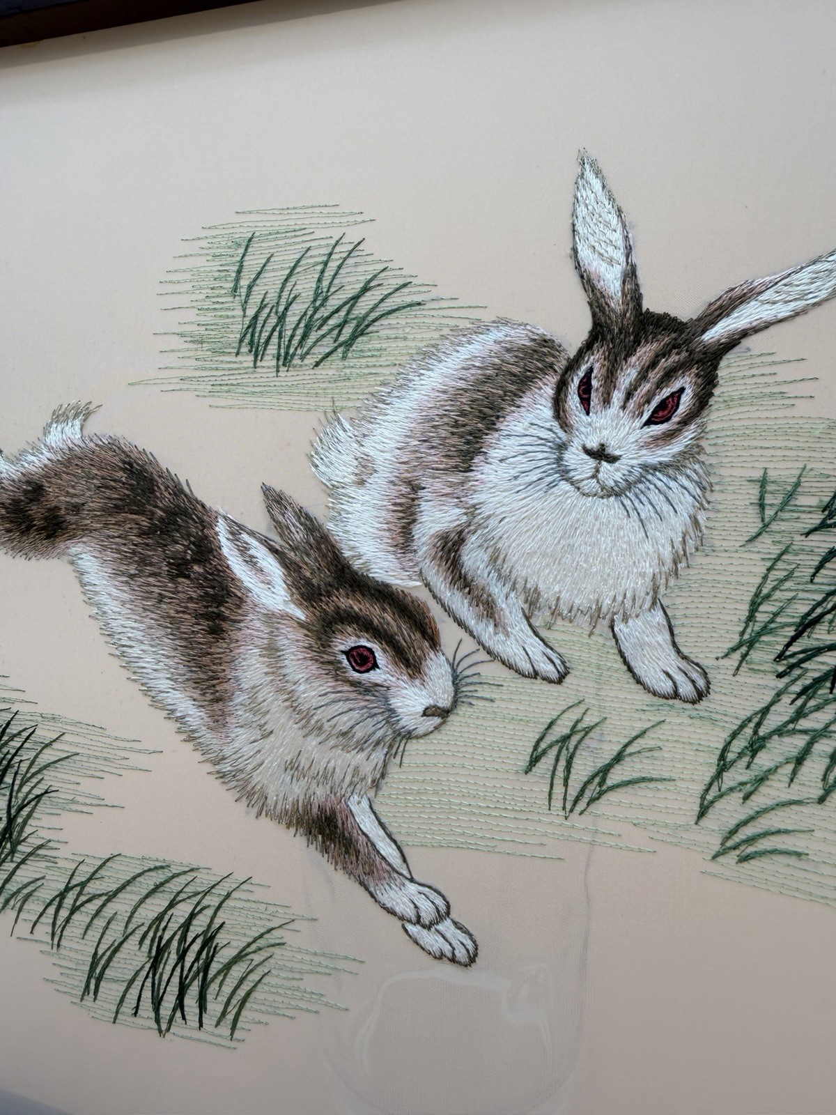 Early 1980s Chinese Double-Sided Silk Embroidery Spring Hares Framed Art