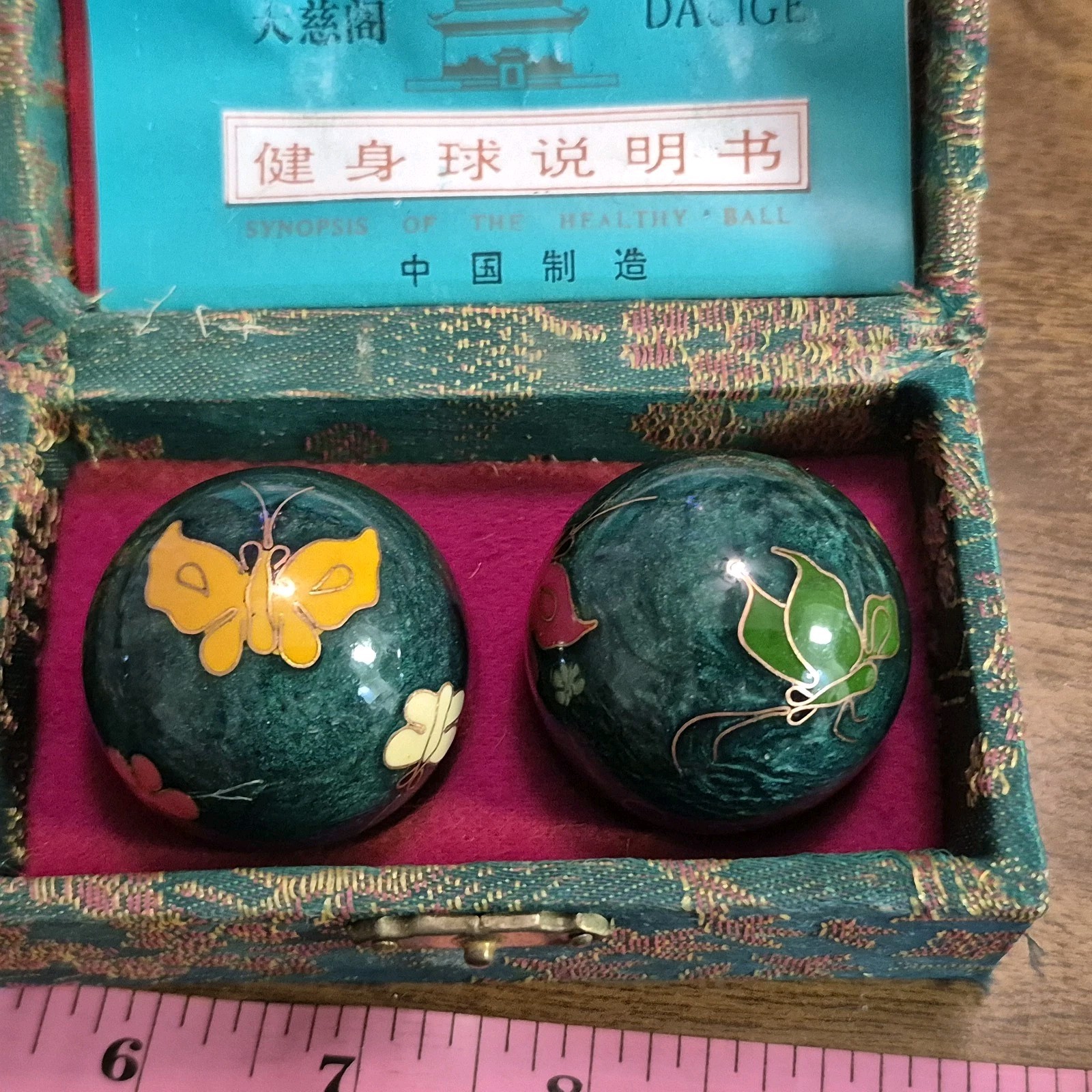 Chinese Shouxing Baoding Balls ~ Vintage ~ Enamel Butterflies ~Original Brochure