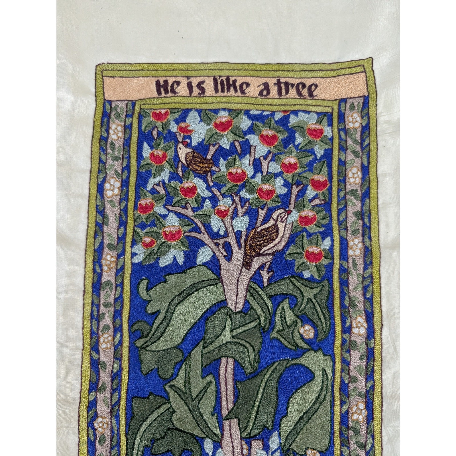 Vintage Hand Embroidered William Morris Inspired Tree of Life Tapestry 21x14in