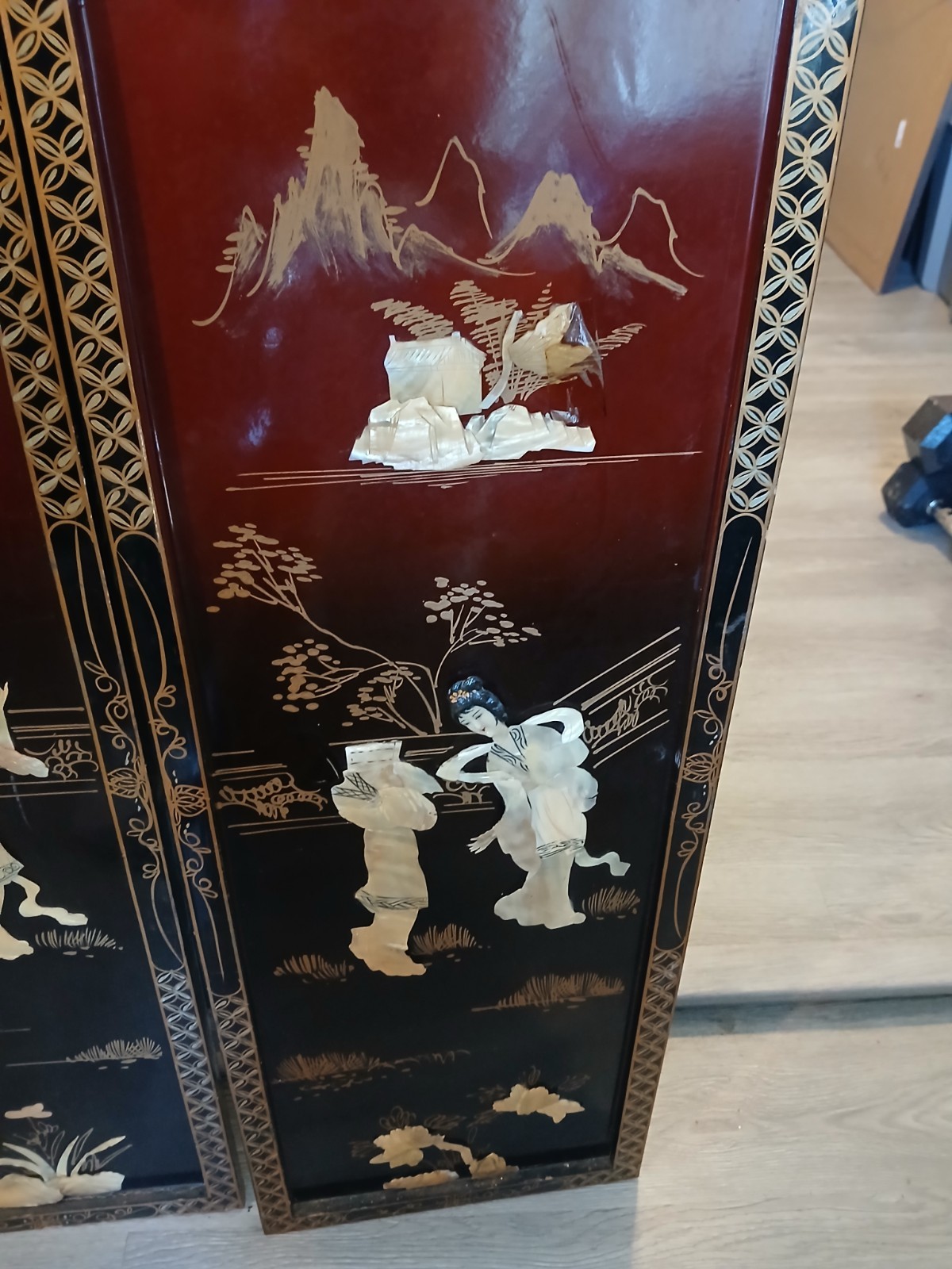 4 Vintage Asian Japanese Mother Pearl Black Lacquer Wall Panels 36″ x 12″