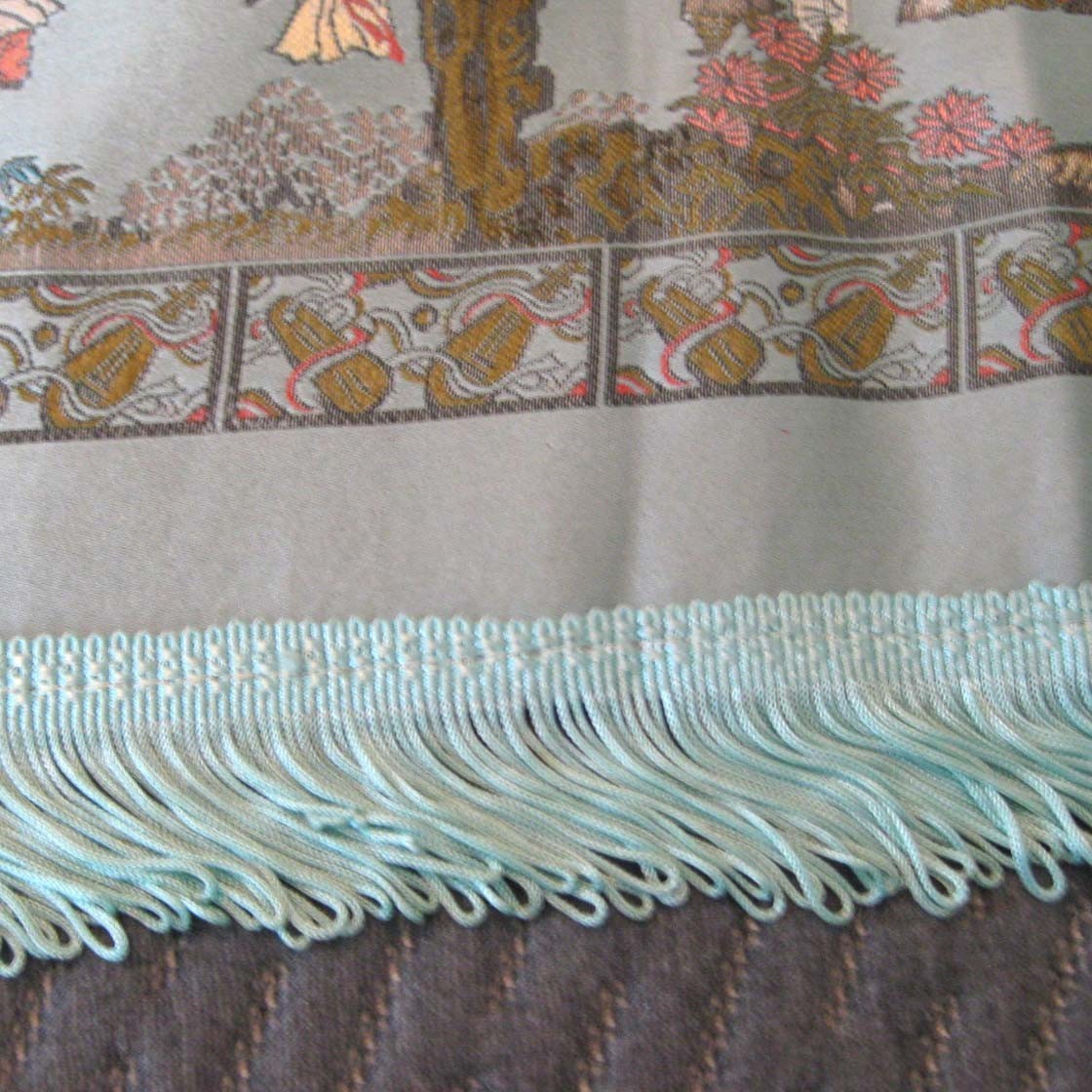 Vtg Asian Brocaded Flowers Silk Tapestry Fringed Tablecloth 40 by 60 In WWII Era