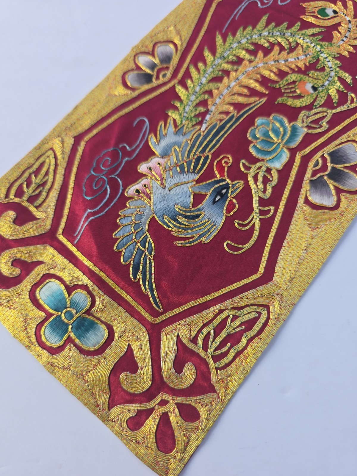 Vintage Chinese Phoenix Fenghuang Hand Embroidered Silk Rayon Panel 1980s
