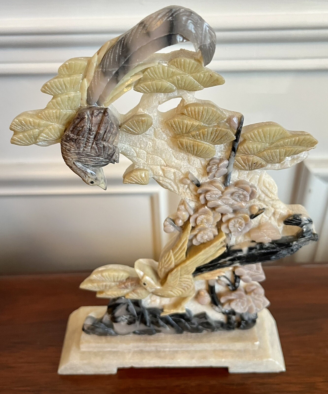 Vintage 9” Carved MultiColor JADE Birds & Flowers Sculpture Statue Display Asian