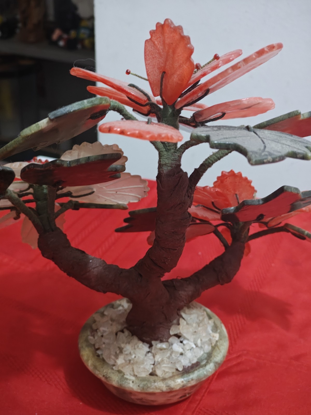 Vintage Hand Carved Jade Carnelian Quartz Bonzi Tree 12”