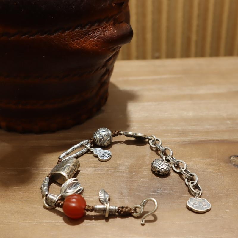 Vintage Fu Lock Multi Gem Bracelet Silver Agate Fortune Beaded Bangle