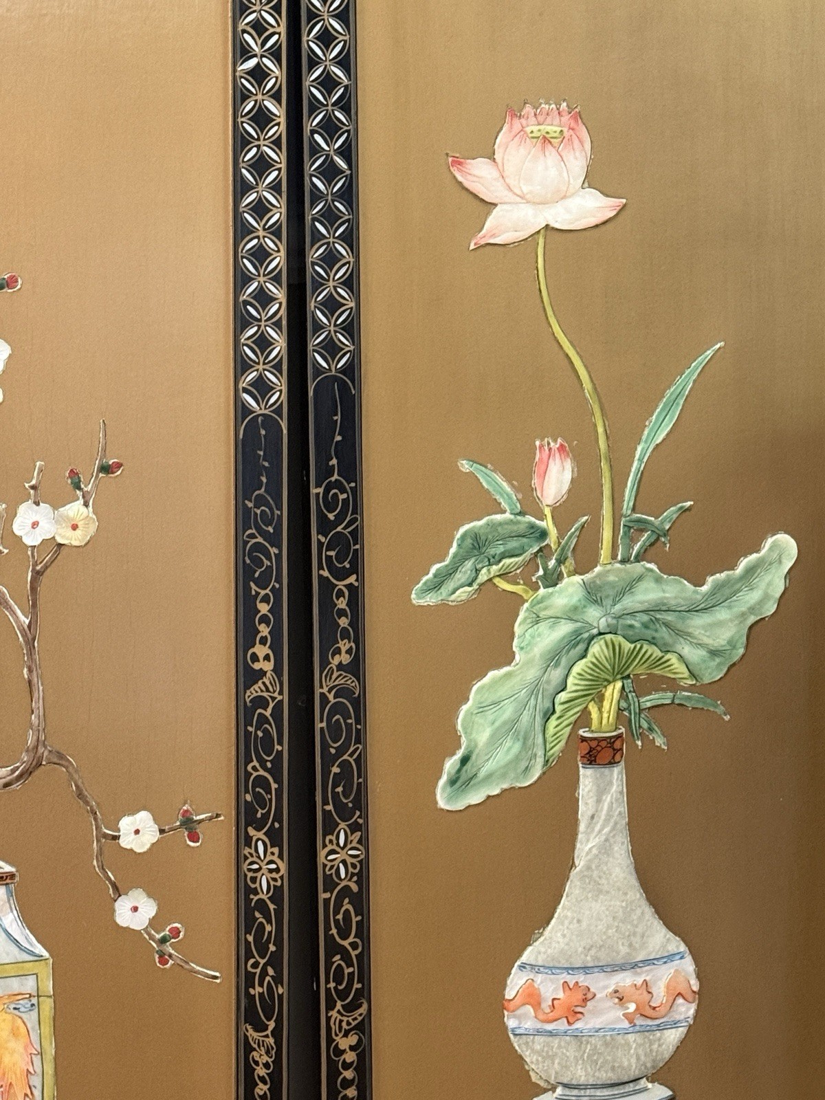 VTG 1950’s Oriental Asian Gold Four Panel Screens Picture Trees Flowers Birds