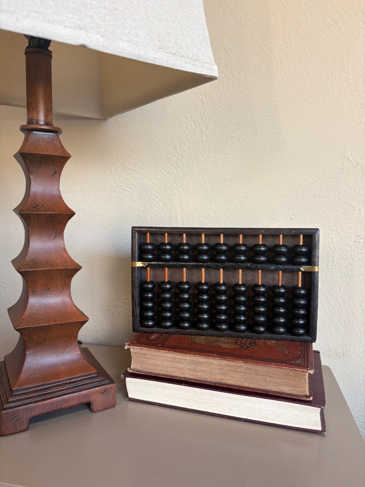 Vtg Wood and Brass Abacus Calculator Decor Piece Japan 9 Rods 63 Beads