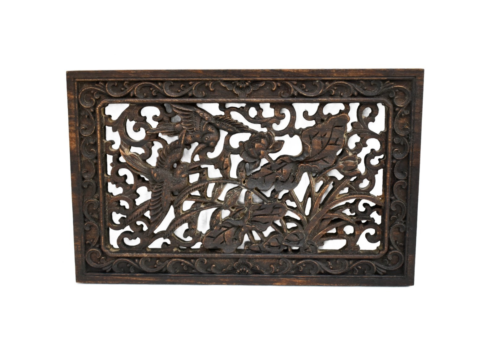 Vintage Hand Carved Chinese Plaque with Birds & Floral Details