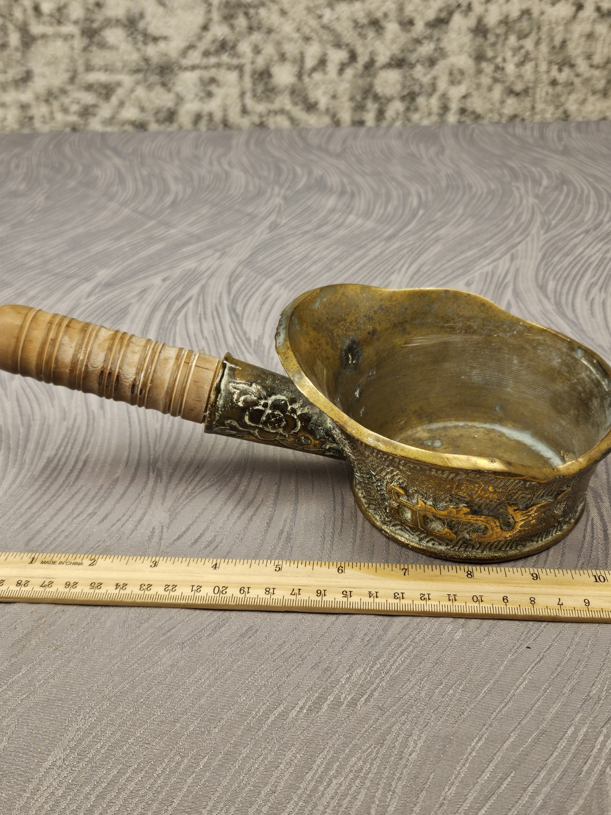 Vintage Chinese Brass Silk Iron w/ Wooden Hand Handle
