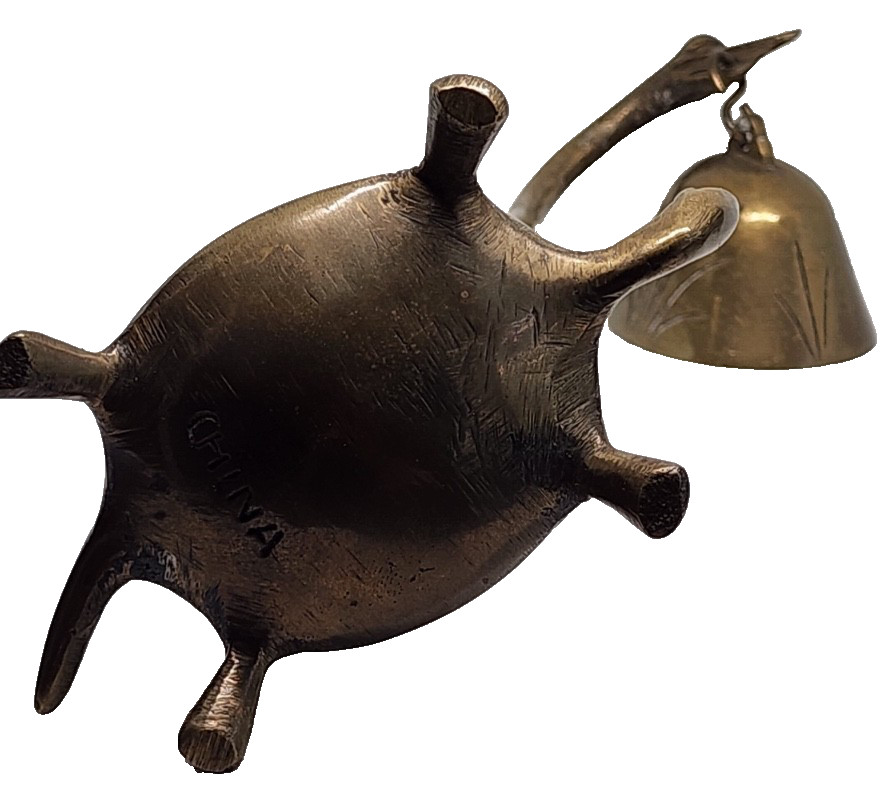 Vintage Brass Crane Bell on Turtle – Altar Desk Bell & Incense Holder China