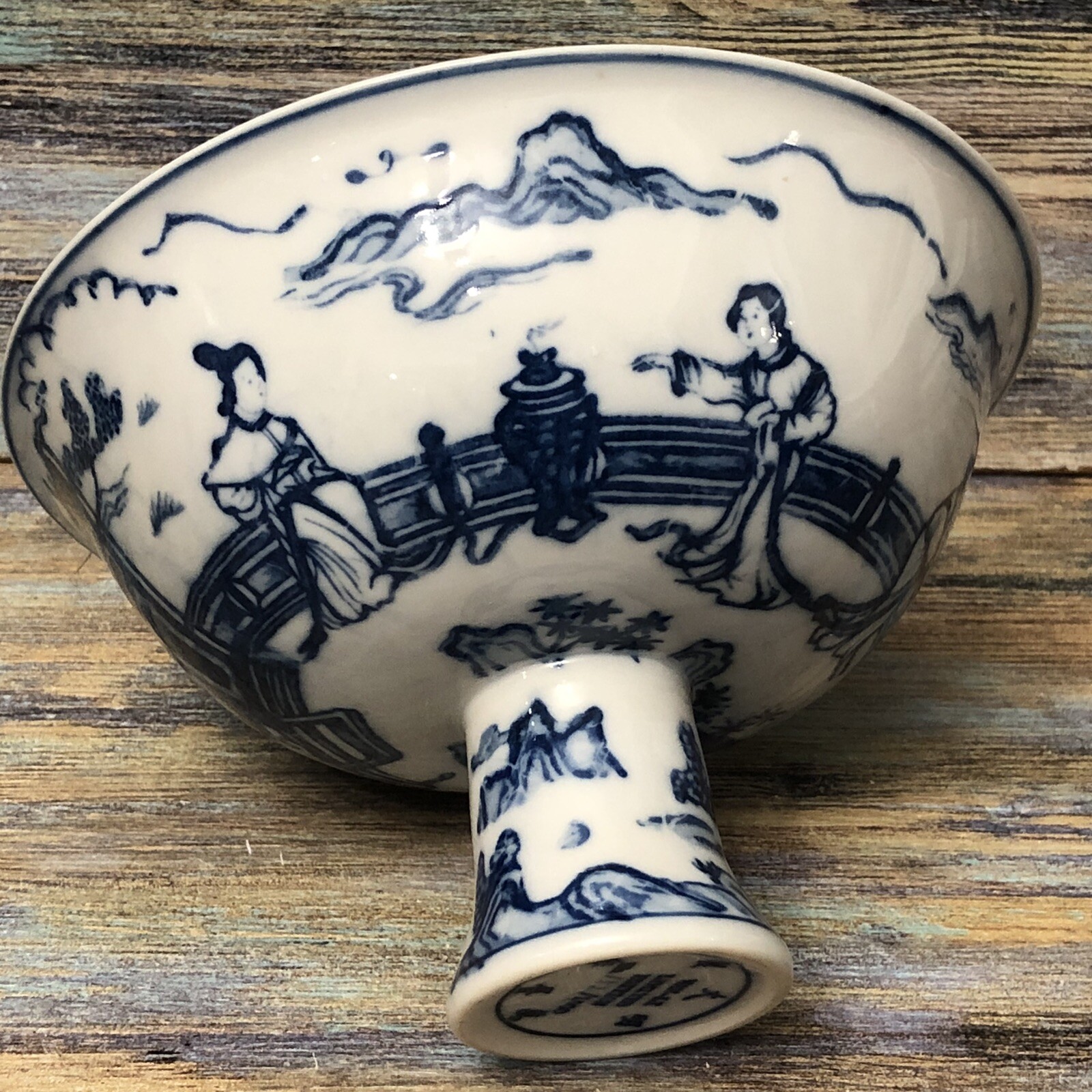 VTG WAN-LI LIMITED EDITION Porcelain Footed Pedestal Bowl 152/1000 White & Blue