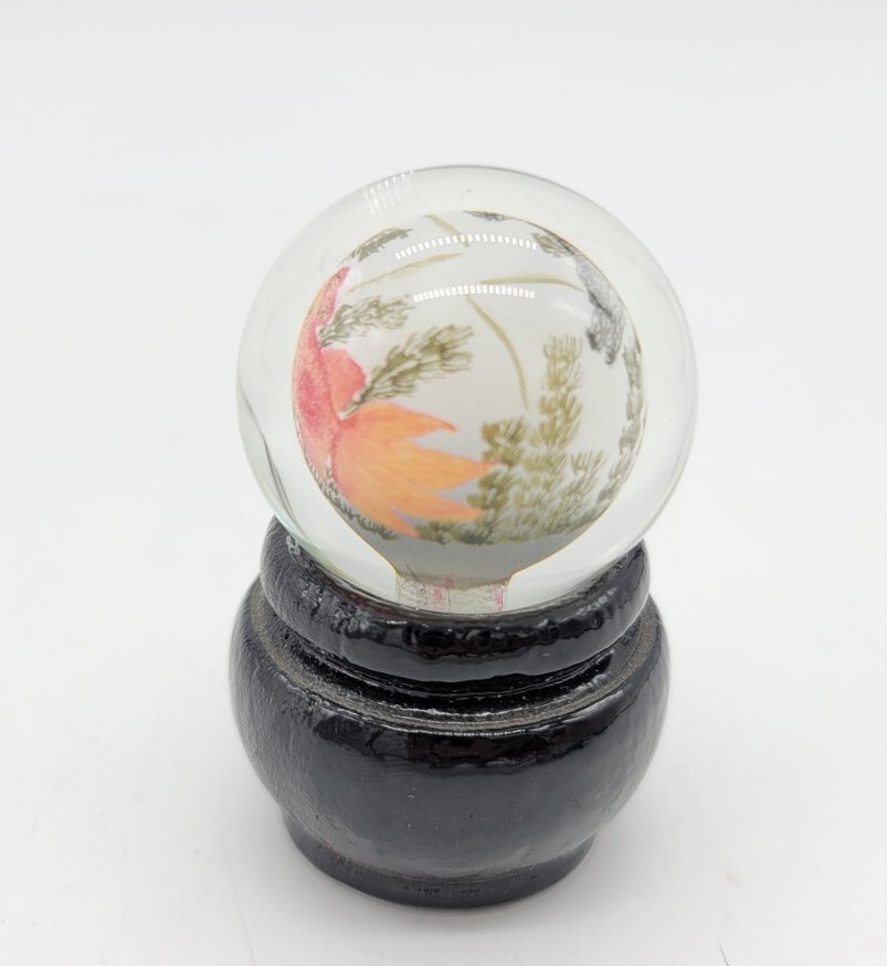 Mini Chinese Art Glass Reverse Hand Painted Koi Fish Sphere Globe with Stand