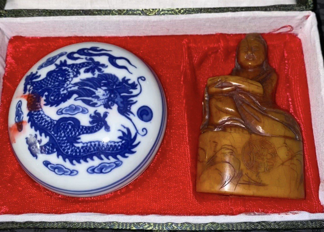 Chinese Carved Stone Seal Inscription SHELLEY Porcelain Scholar Set 1950s-80s