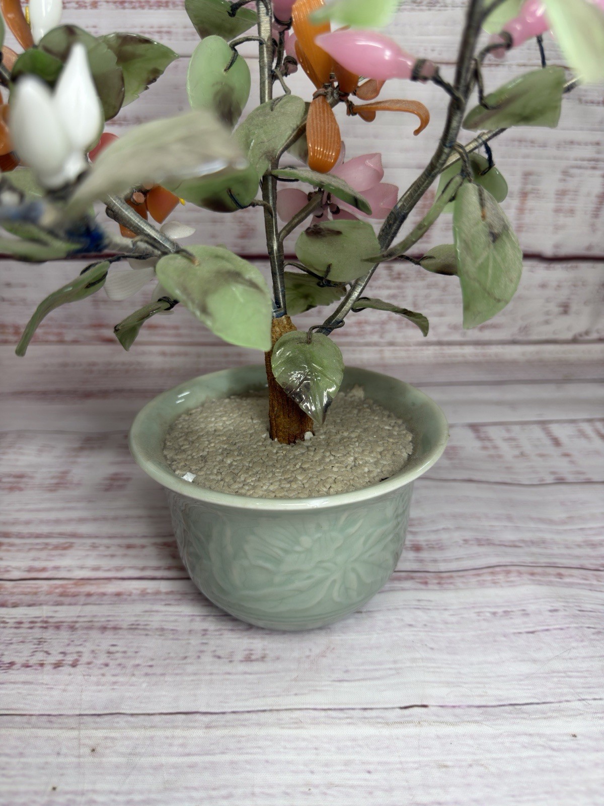 Vintage Japanese Chinese Asian Jade Glass Flowering Bonsai Tree 16”x12” Wide