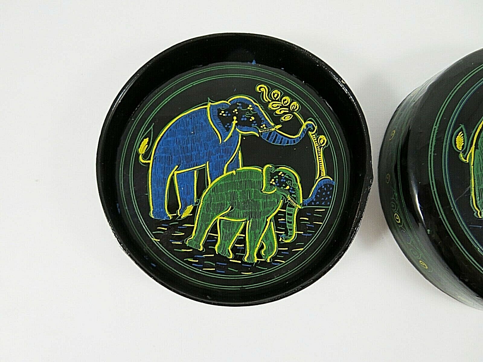 Vintage Burmese Black Lacquer 6 Coasters In Container Etched Elephants Motif