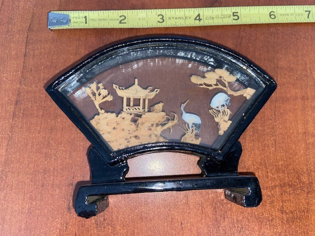 Vintage Chinese Cork Art Diorama Cranes Pagoda Trees Hand Carved in Glass Case