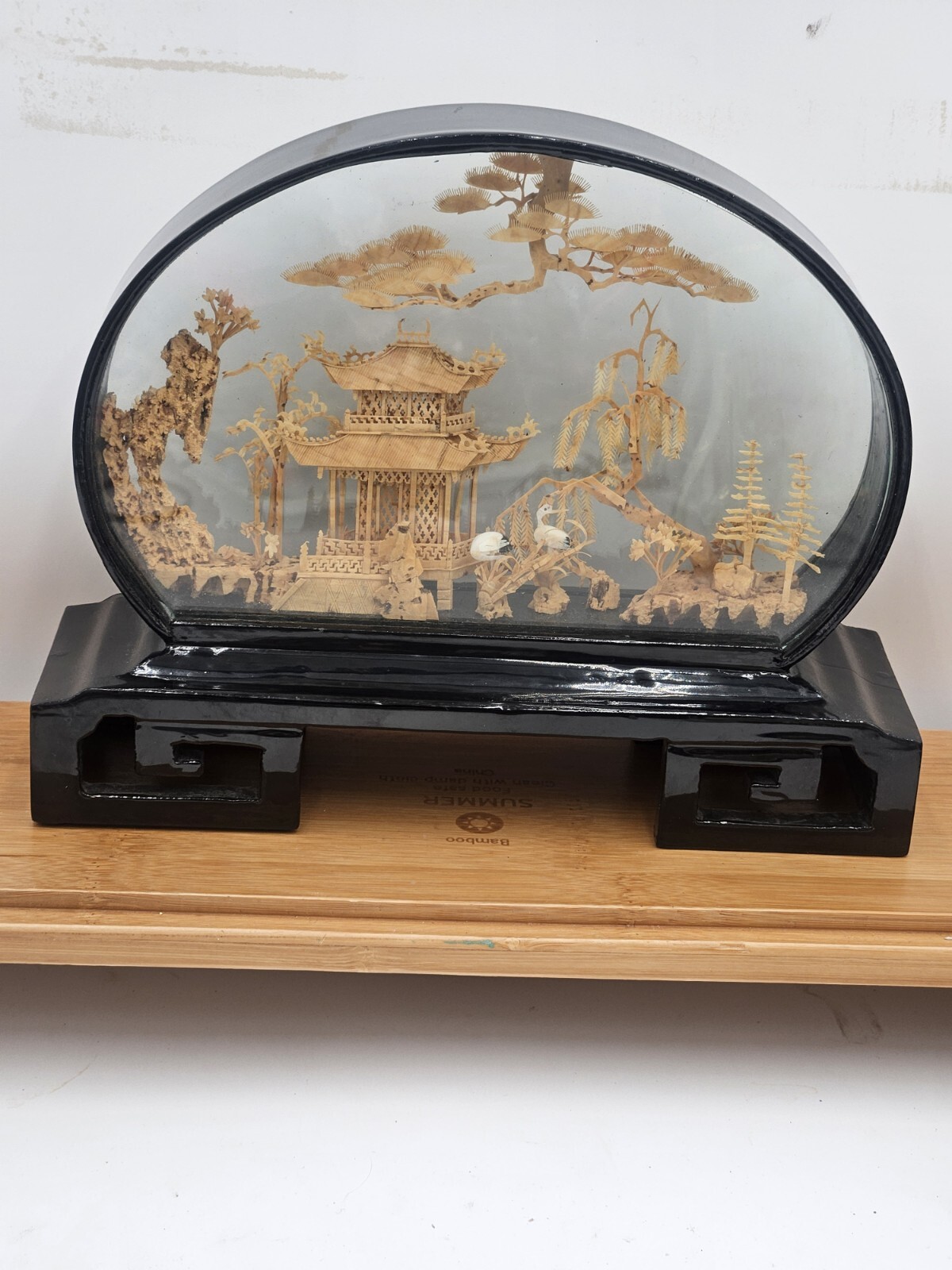 Vtg San Diorama Cork HandCarved W/ Pagoda Trees & Cranes In Glass Case