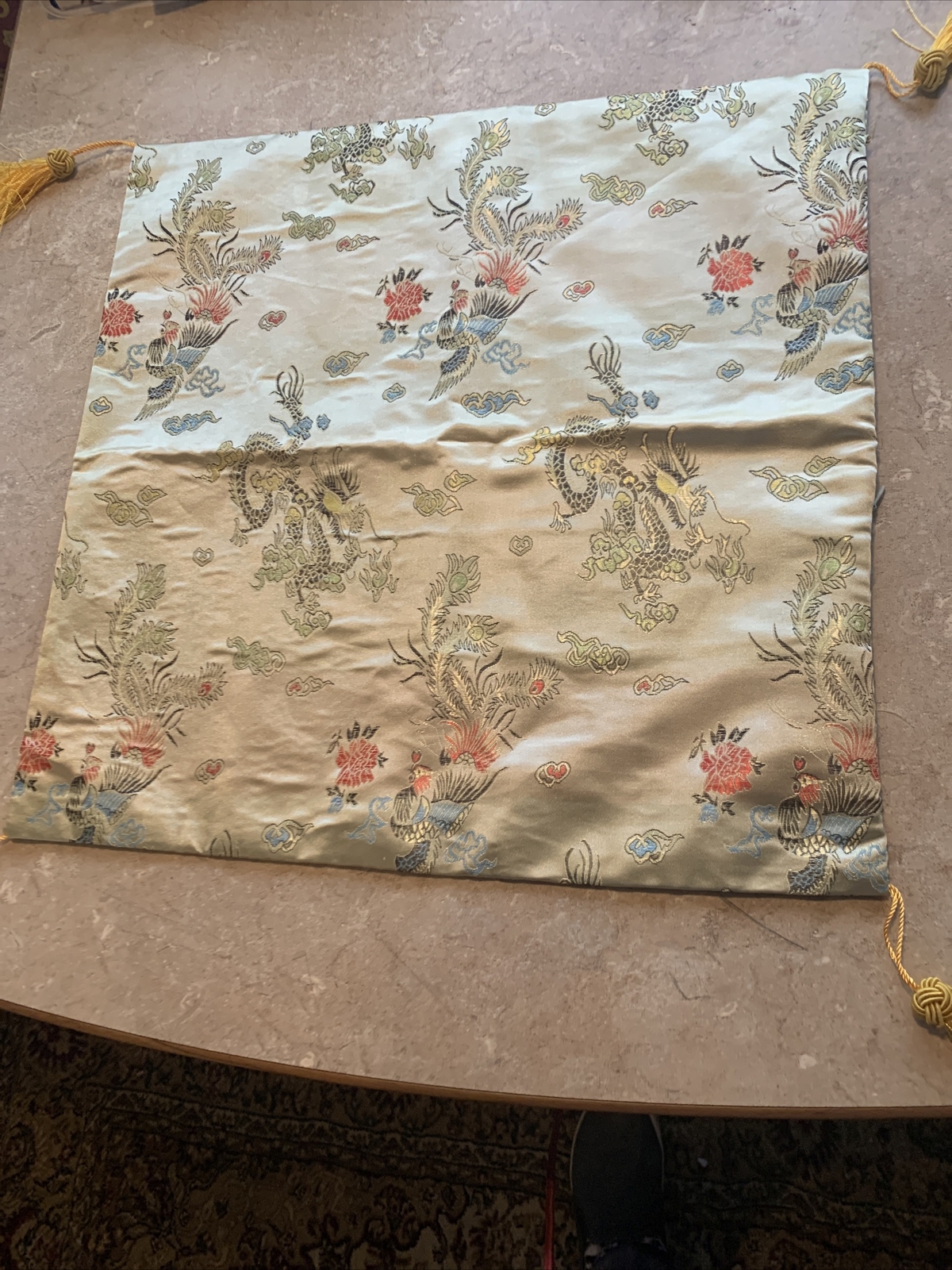 Vtg Chartruese+Satin Jacquard Brocade Oriental Pillow Cover~ Dragon~16.5”