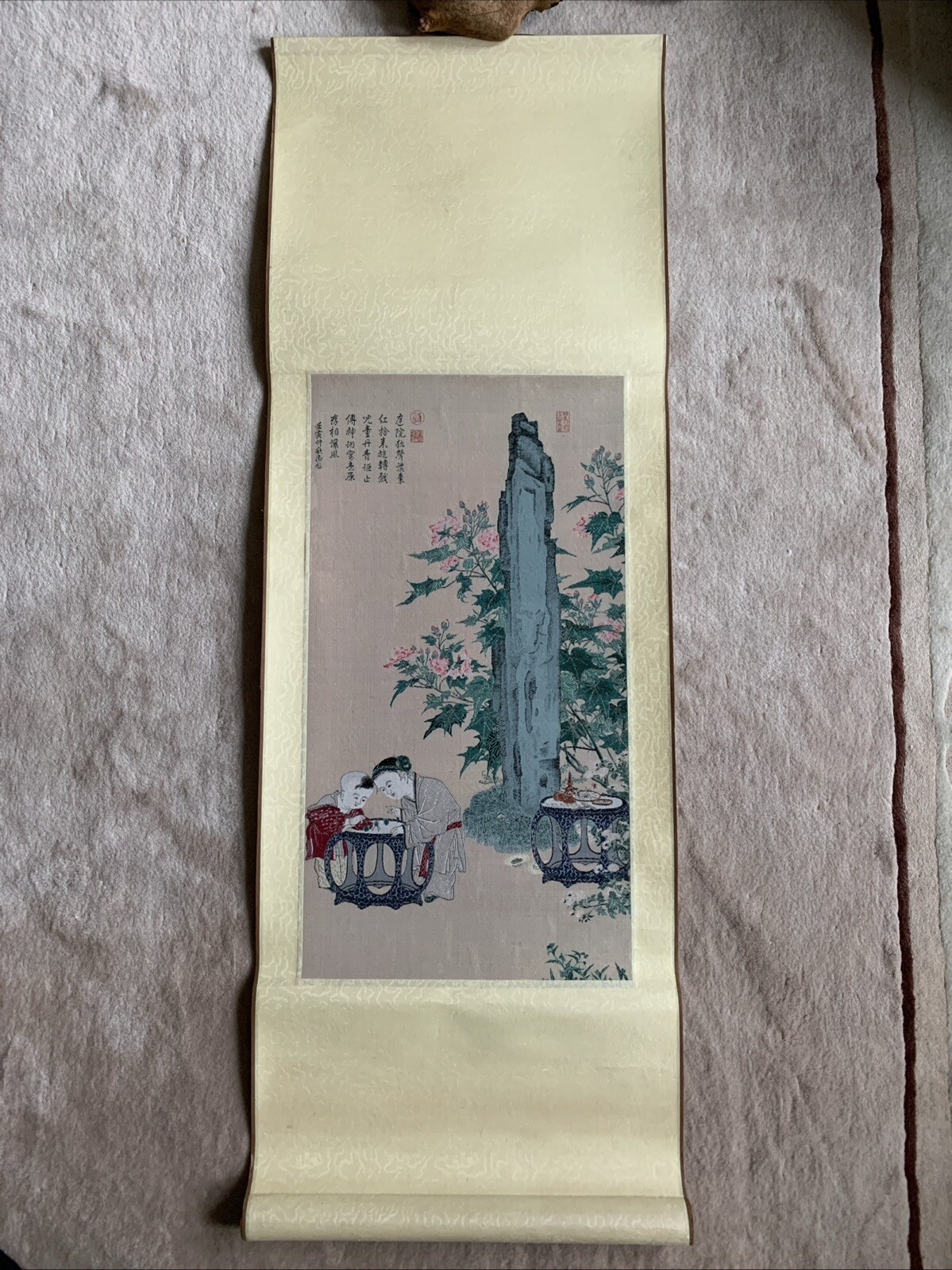 Vtg Chinese-TAIWAN Rayon Tapestry: “Children Playing in Garden” w Wood Ends