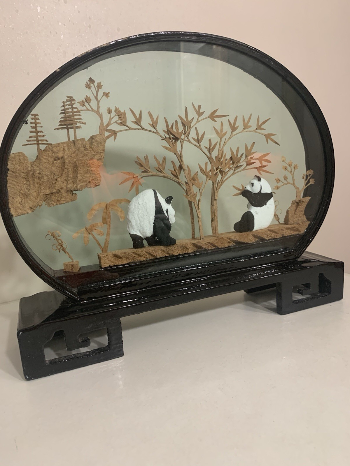 Panda Bear Vintage Collectible San You cork carve Art 3D Diorama in glass frame