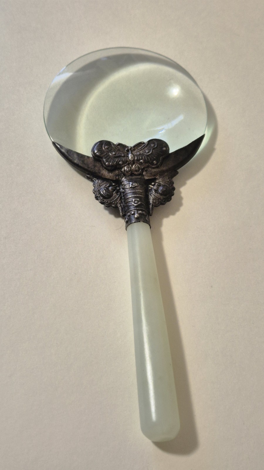 Antique 1900s Jade Stone Handle & Silver Filigree Magnifying Glass Jadeite
