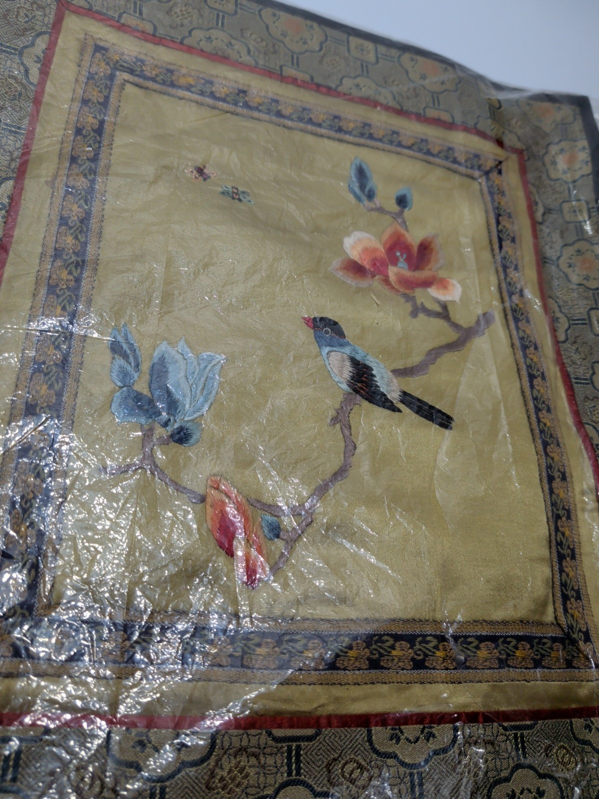 ✨VINTAGE✨ Set Of 2 CHINA SILK EMBROIDERED PANELS BIRD BUTTERFLY & Flower SQUARE