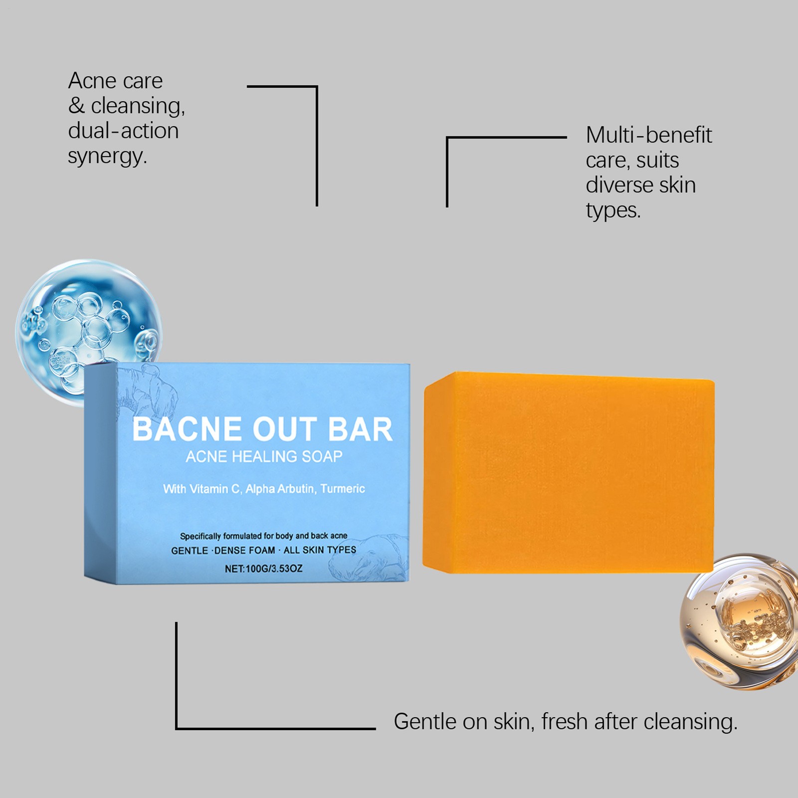 Bacne Out Bar Soap With Turmeric, Vitamin C & AlphaArbutin Acne Healing Bar 100g
