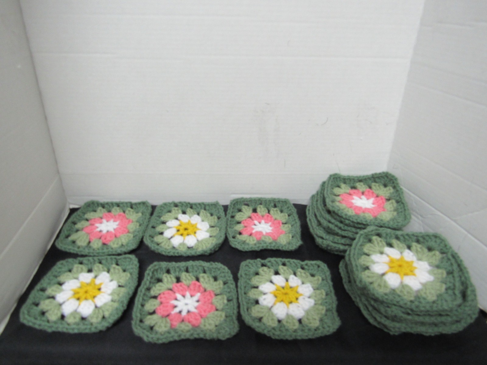 Lot of 20 5” Crochet Granny Squares, Floral, Yellow, White, Pink, 2 Shades Green