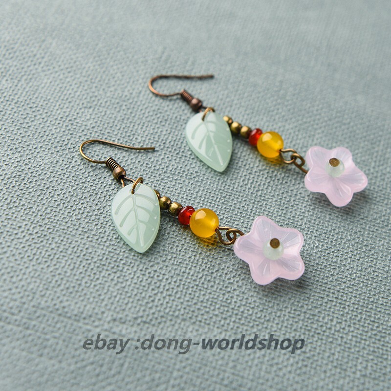 Chinese Coloured Glaze/Agate Flower Leaf Tibetan Style Vogue Earbob Earrings