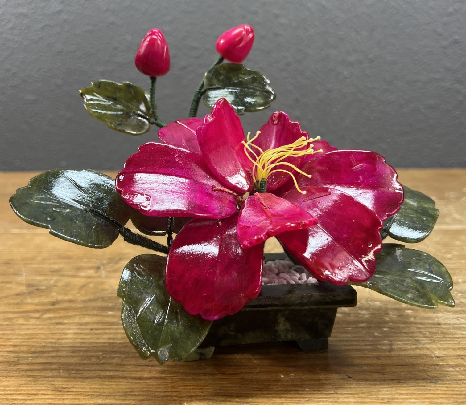 Vintage Japan Carved Stone Jade Bonsai Flowering Tree