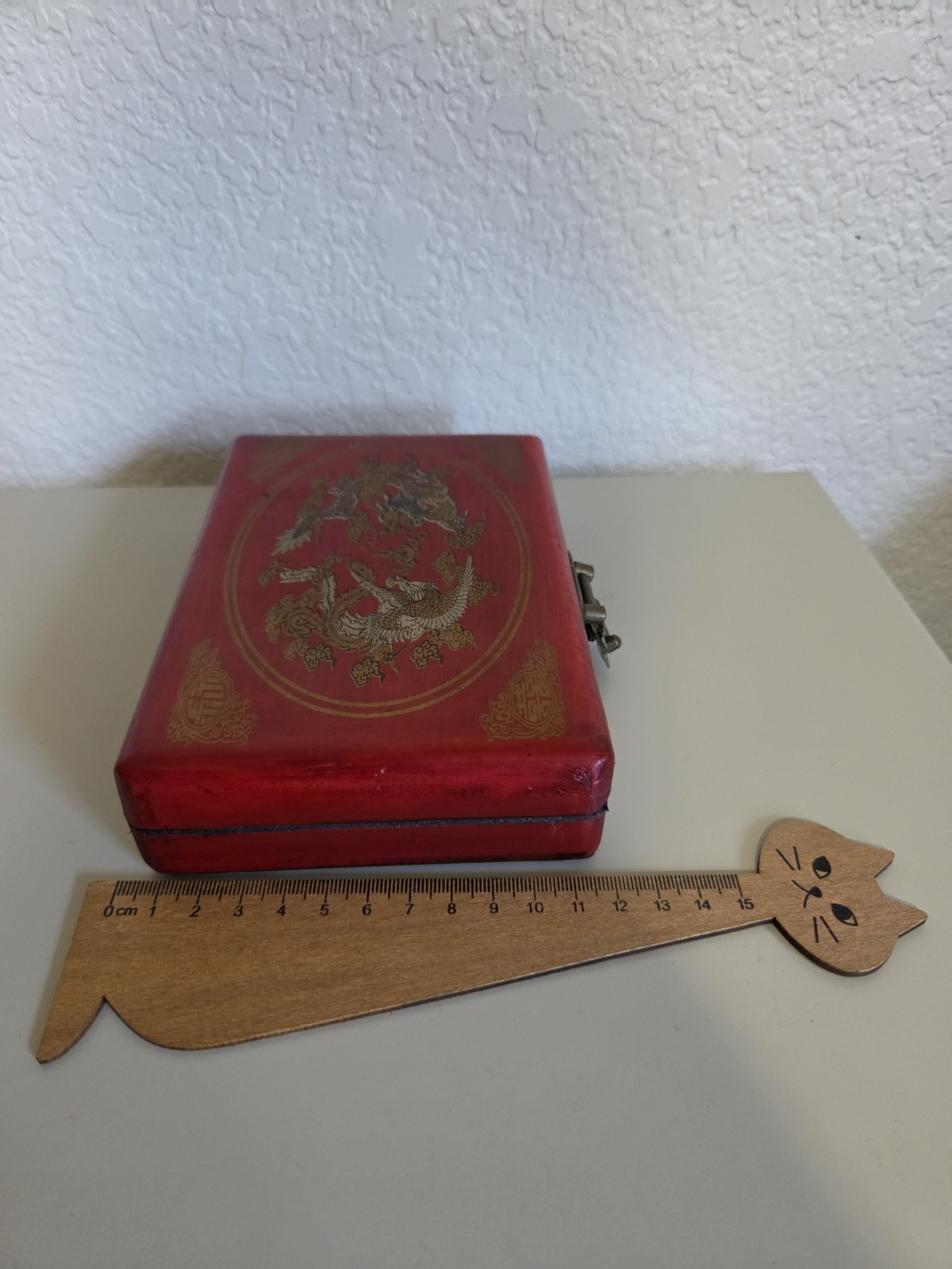 Vintage Chinese Abacus 2:5 Beads w/ Red Phoenix Dragon Brass Wood Box + Booklet