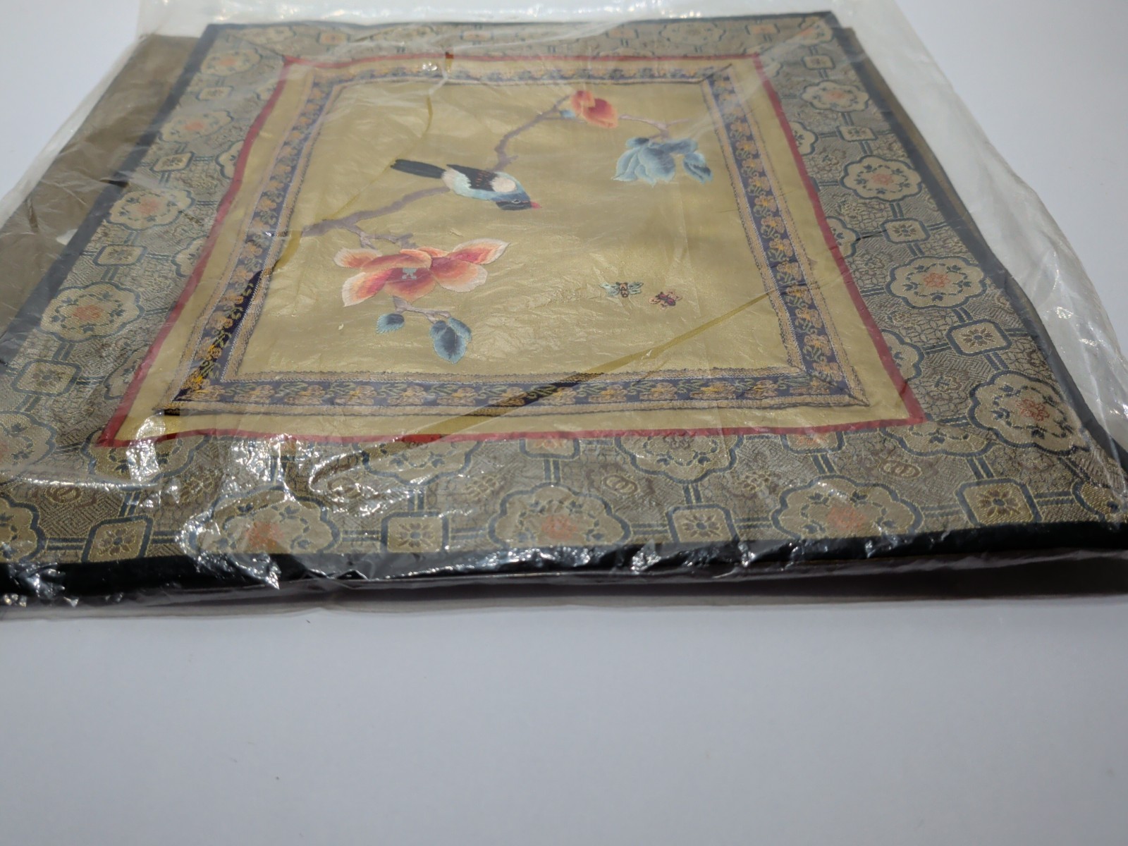 ✨VINTAGE✨ Set Of 2 CHINA SILK EMBROIDERED PANELS BIRD BUTTERFLY & Flower SQUARE