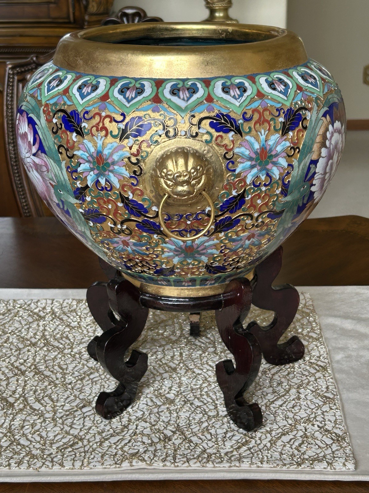 Chinese Cloisonné Planter Flower Pot Peonies Birds Lion Head Accent Brass
