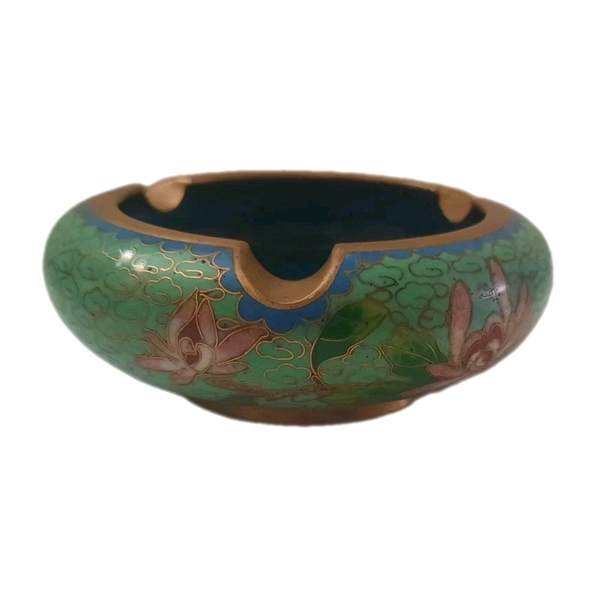 Vtg Chinese Asian Floral Cloisonné Enamel Brass Ashtray Green / Blue 3.25″ Round