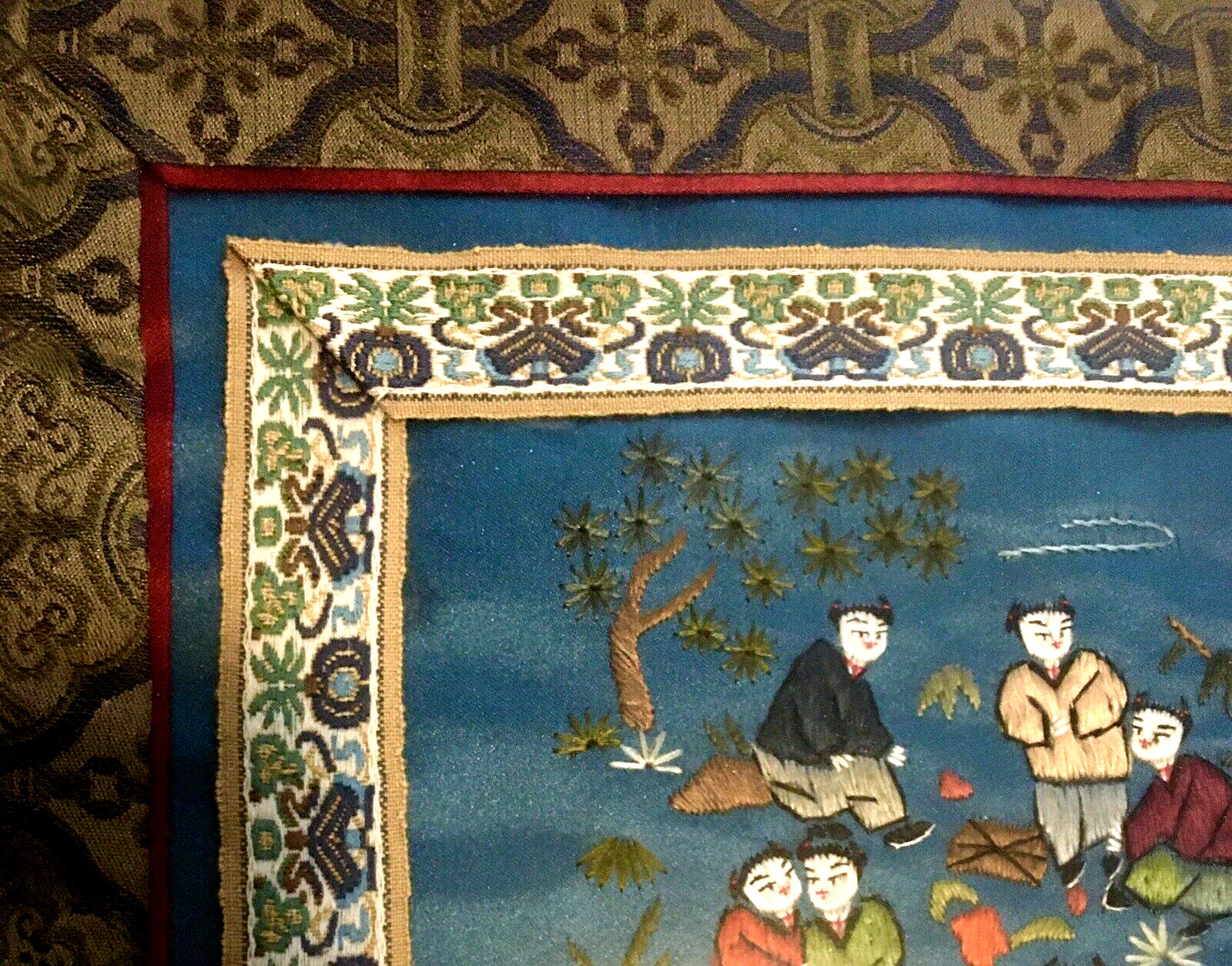 Chinese Silk Tapestry 100 Children Playing 1986 Embroidery Blue 29×18 Framed