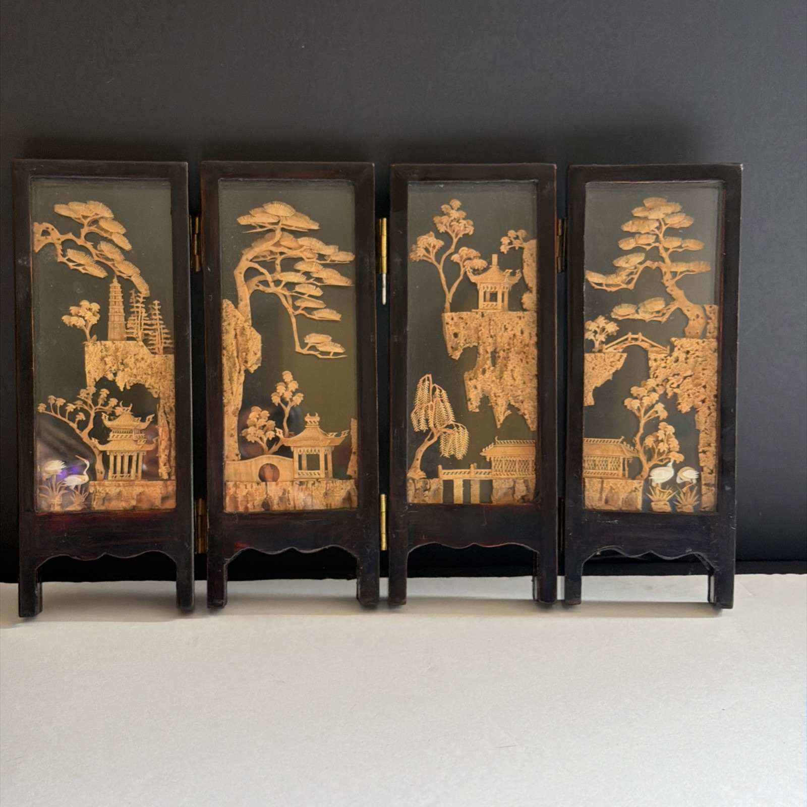 Vtg Chinese Cork Art Screen Folding 4 Panel Glass Pagoda Cranes Black Lacquer