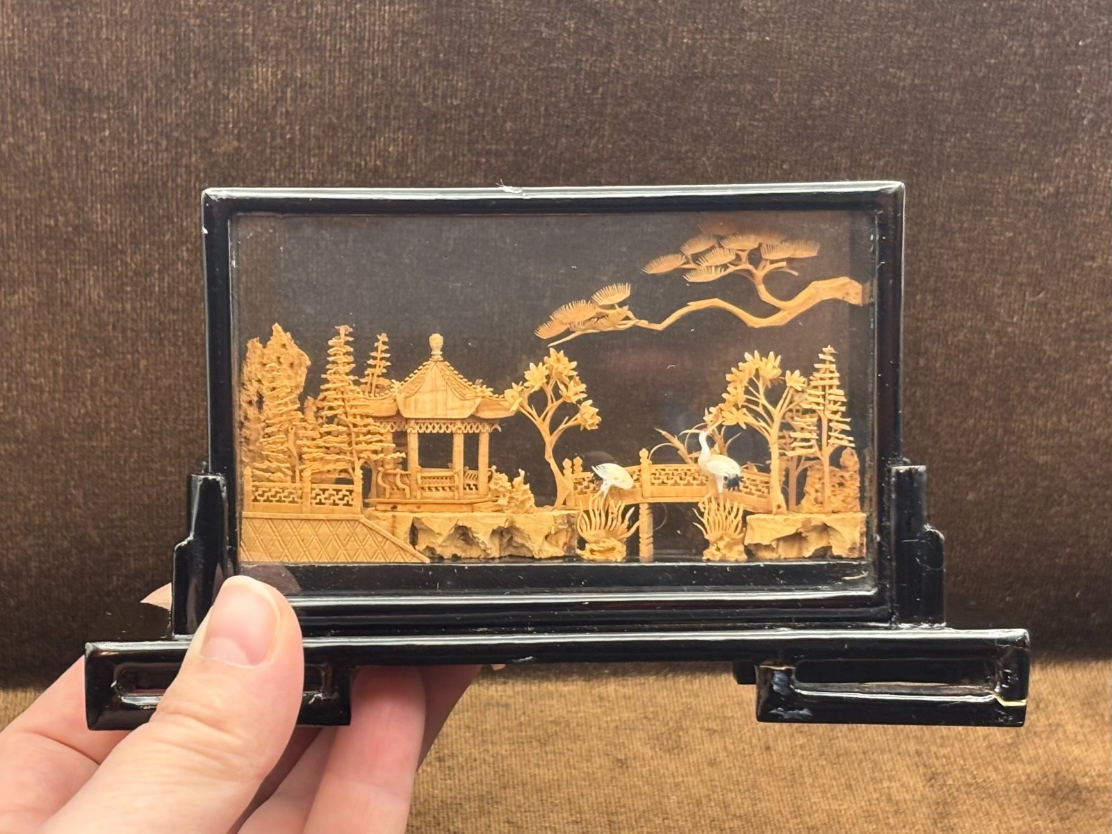 Chinese Carved Cork Sculpture Diorama 2 White Cranes Herons Black Enamel Frame