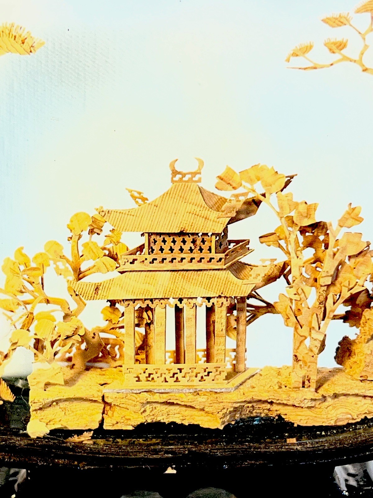 VTG Chinese Hand Carved Cork Diorama Shadow Box Asian Art Pagoda Cranes Trees