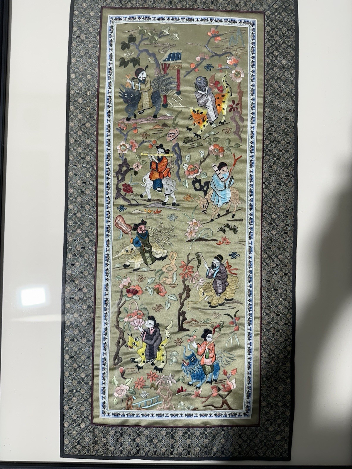 Chinese hand embroidered silk Art Piece Framed. The Actual Piece 27 X 13”