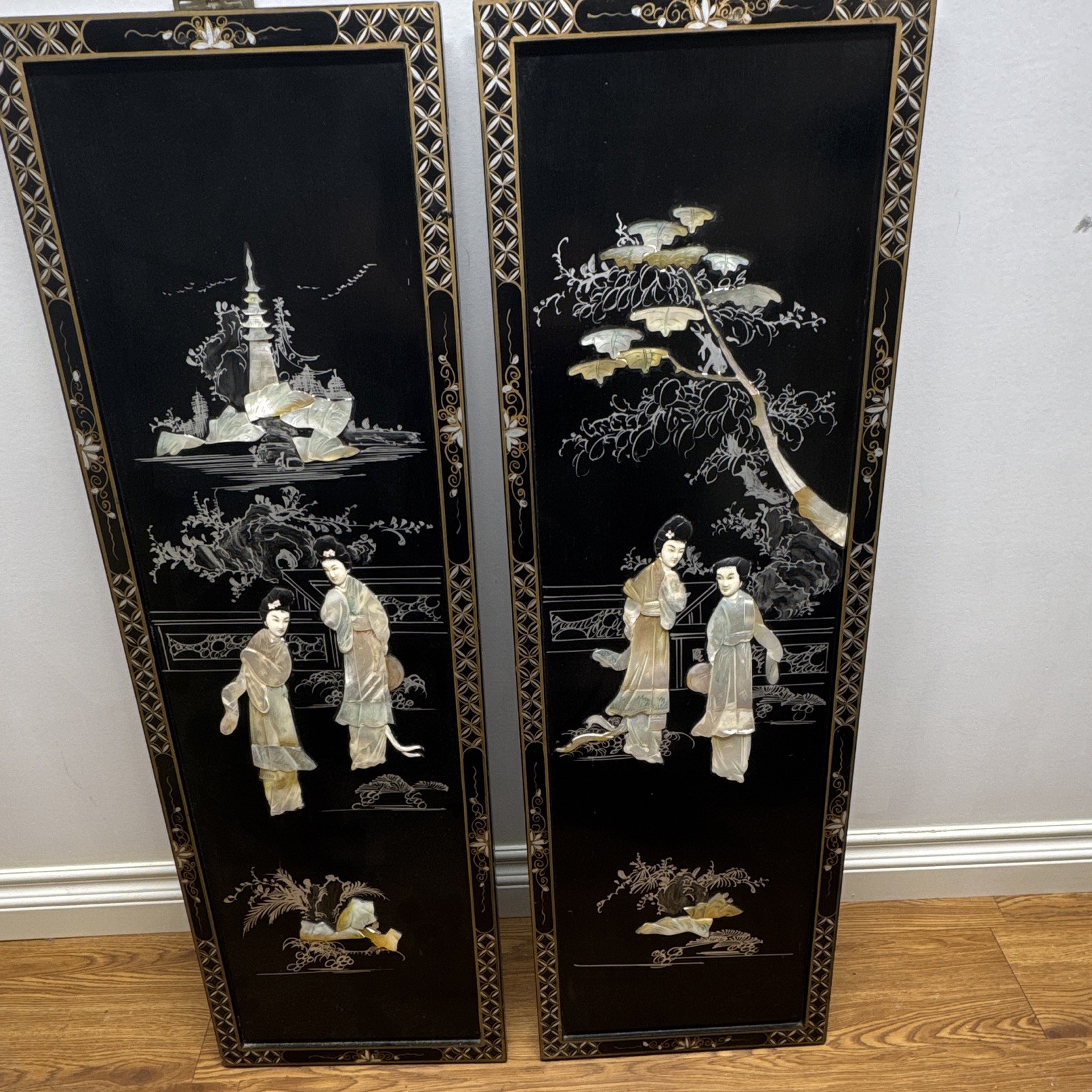 2- Vintage Oriental Geisha Asian 12″x36″ Wall Panels Blk Lacquer Mother of Pearl
