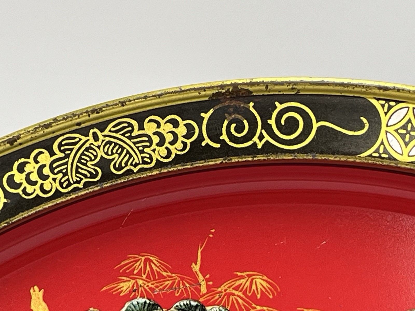 Vintage 13.5″ Tin Tray Chinese Three Star Gods Fu Lu Shou Chinoiserie Red Gold