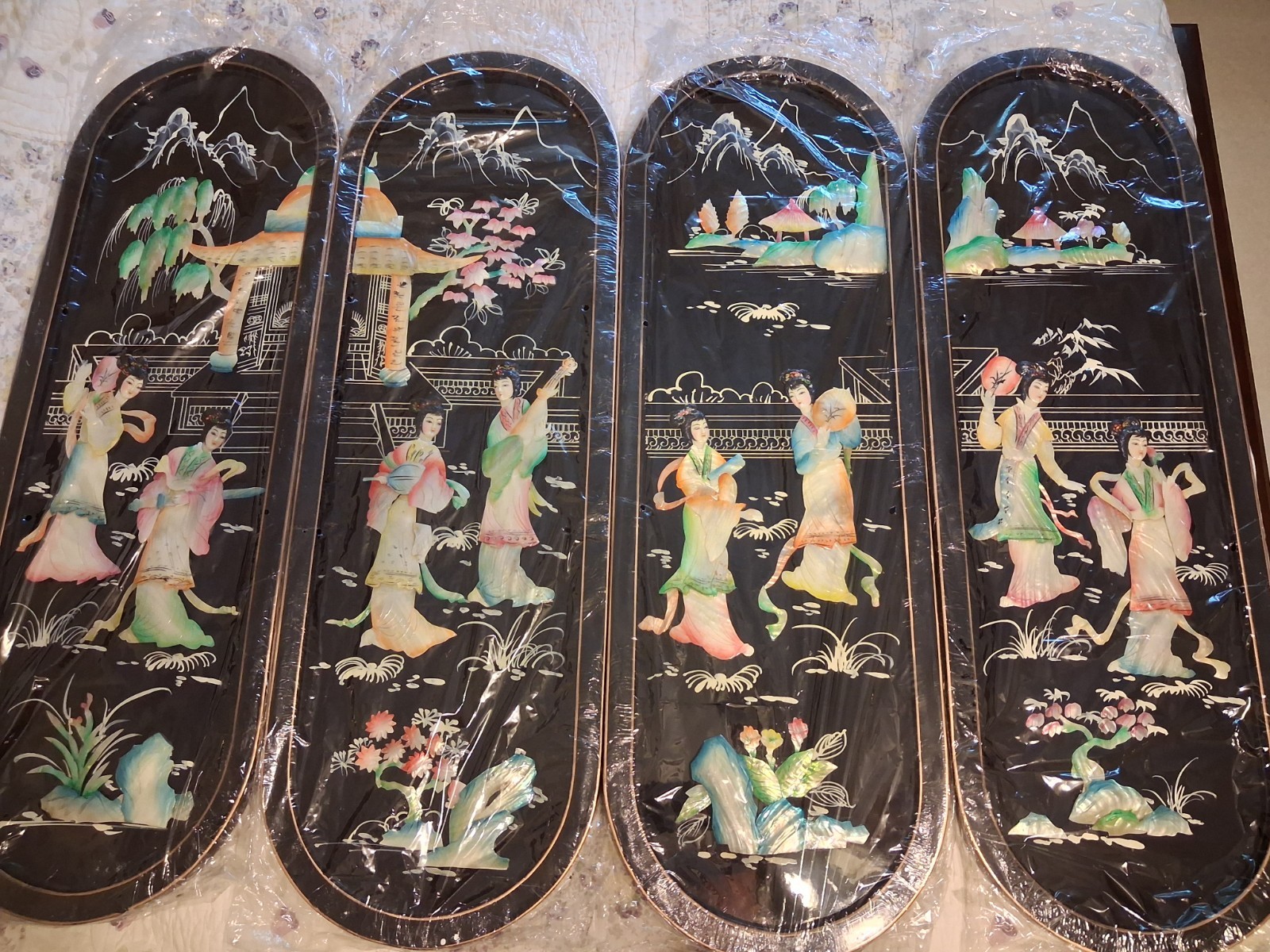 4 Vintage Asian Oriental Mother of Pearl Black Lacquer Wall Art Plaque Panels