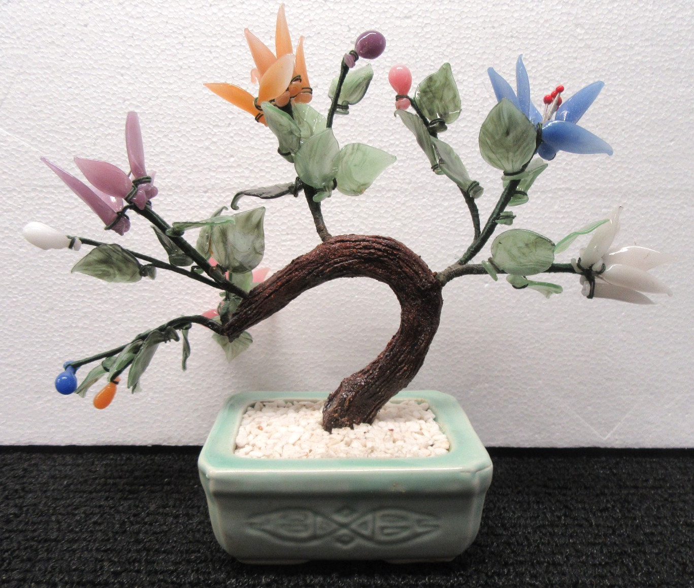 Vintage Chinese Jade Glass Bonsai Tree 9″ W x 7″ T Multi Color Flowers #DBM