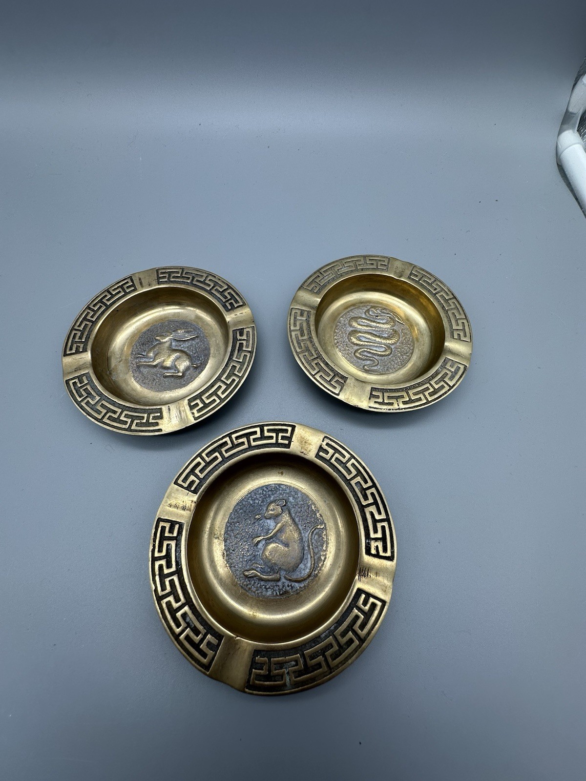 Brass Chinese Zodiac Ashtrays -Rabbit, Snake, Rat Set Of 3 -vintage