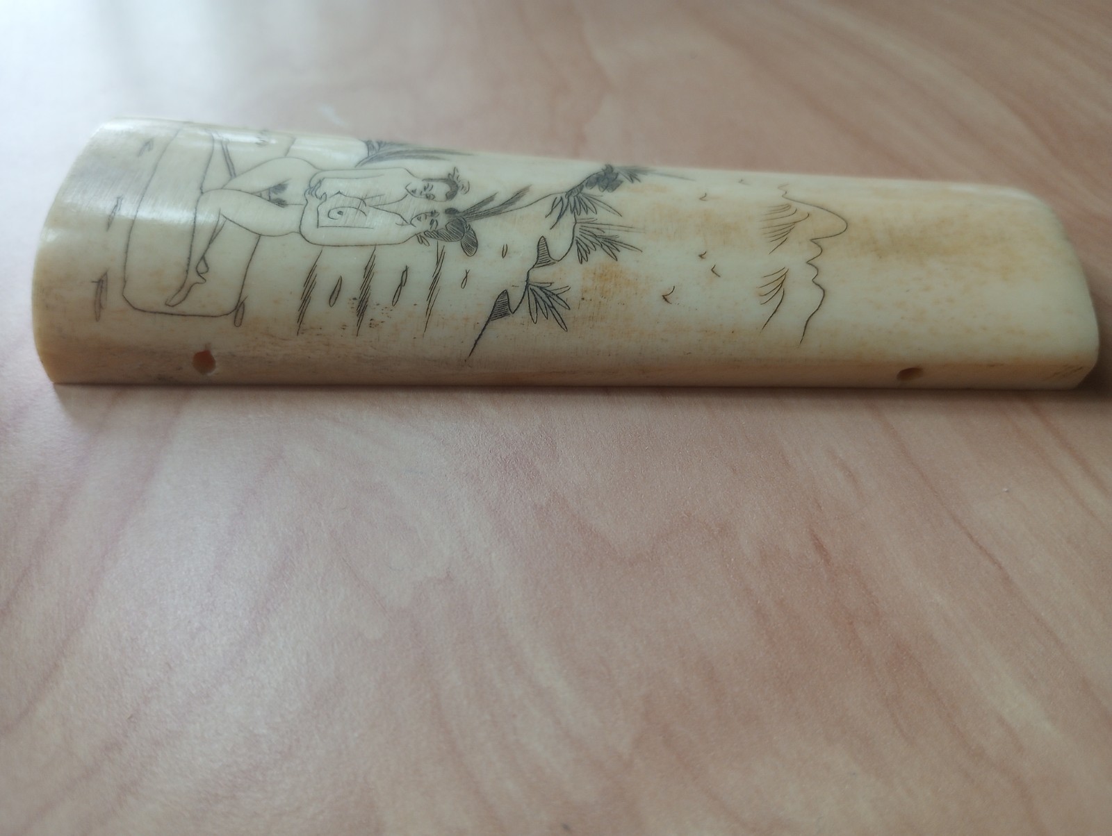 Two Antique Chinese Scrimshaw Shunga Panels Etched Erotica On Bone