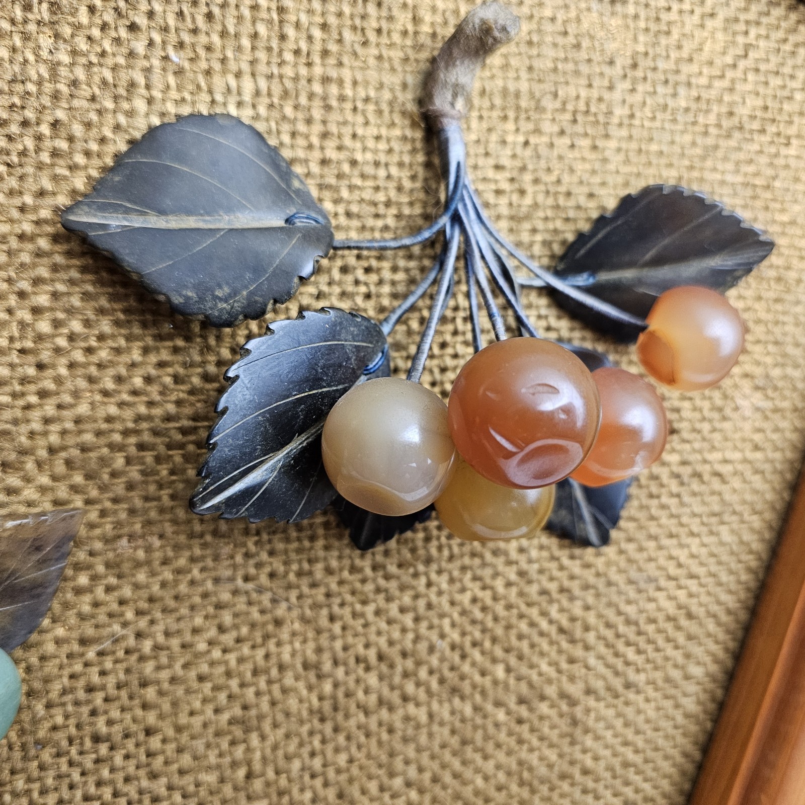 Vtg Chinese Jade Rose Quartz Carnelian Fruit Frame Cherry Pear Peach Wall Art