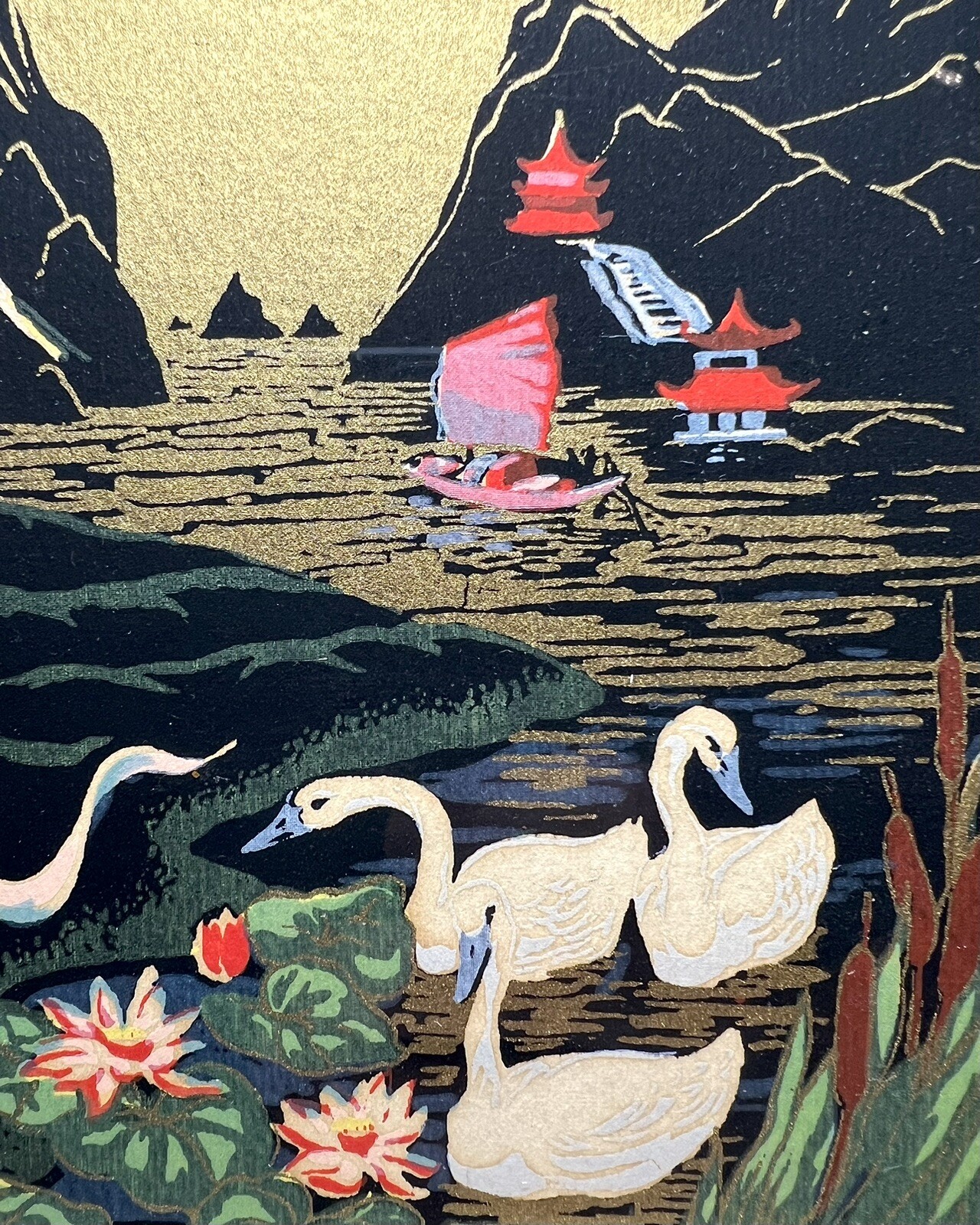 ORGINAL Silk Screen Print by H CALPINI 1950’s Japanese themed ART