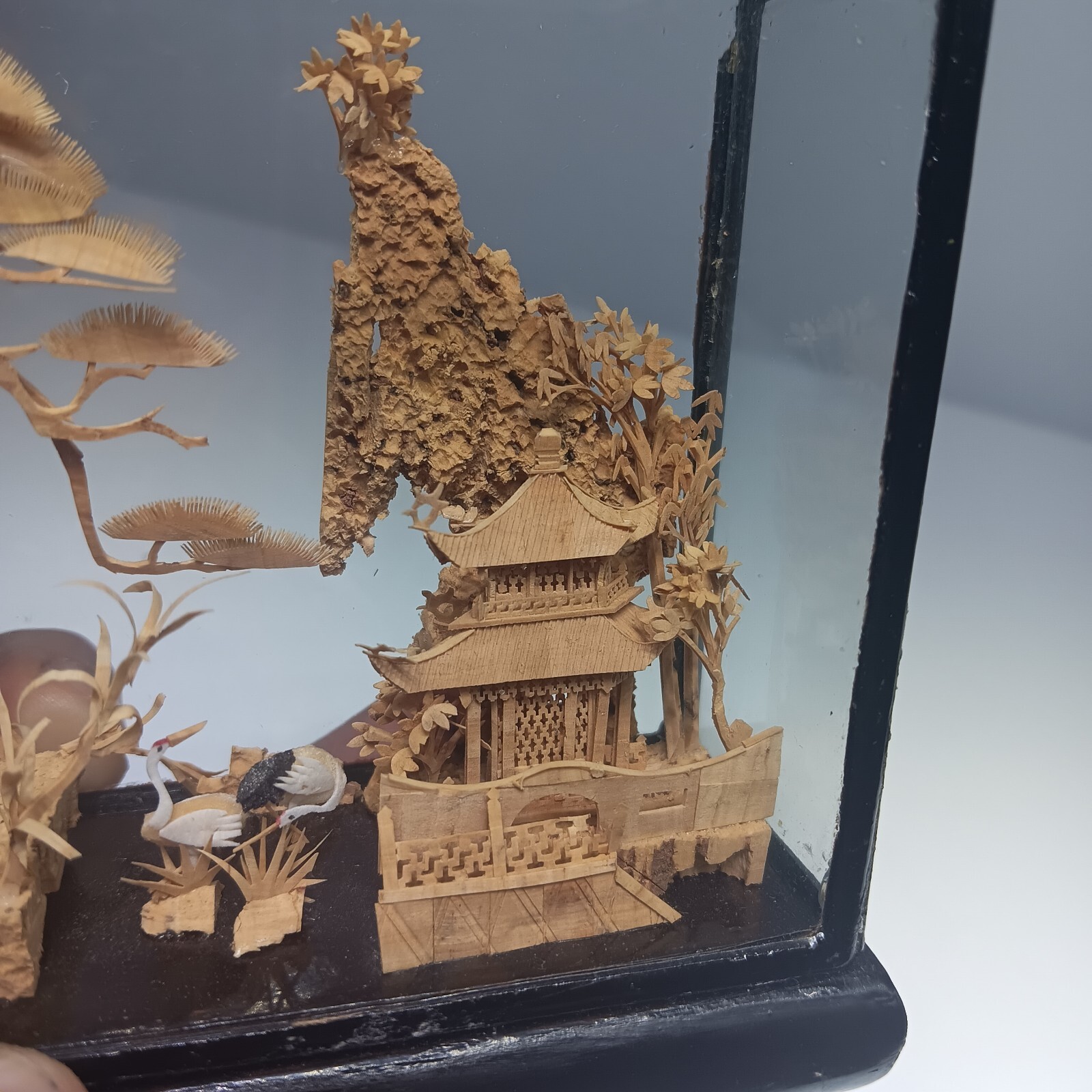VTG Chinese Cork Carving Diorama Shadow Box Asian Art Pagoda Cranes 4″x4.5″x1.5″