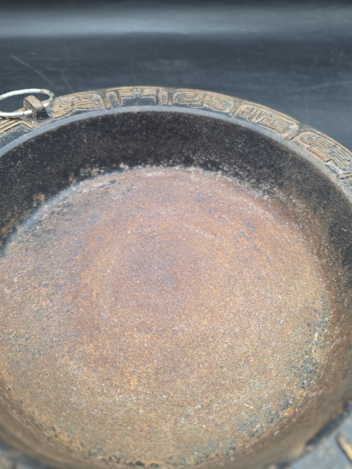 Chinese Cast Iron Dish Incense Ashtray Raised Characters & Symbol Rim 10″