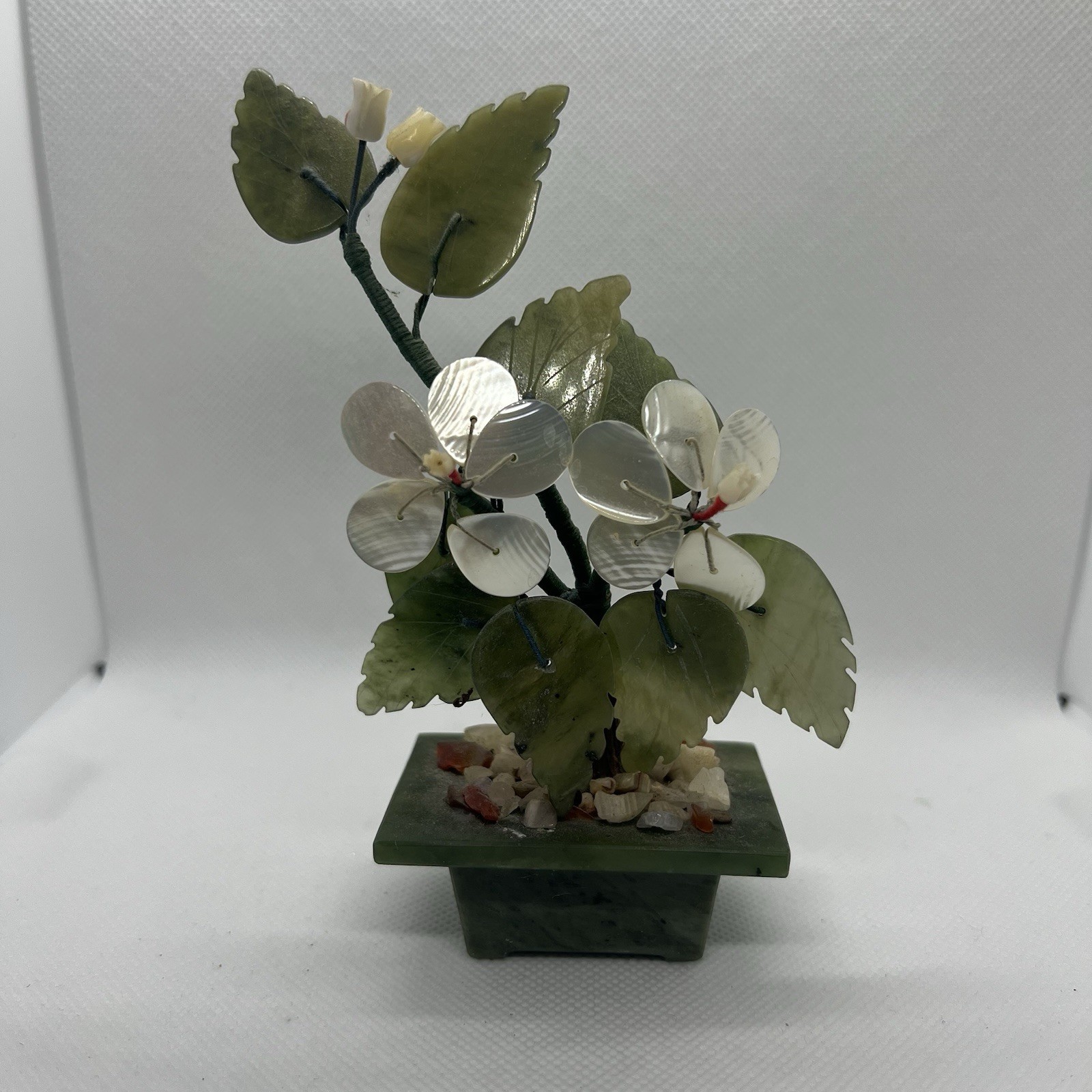 Sweet Small Asian Mother of Pearl & Jade Bonsai Tree Figure in Celadon Green Pot